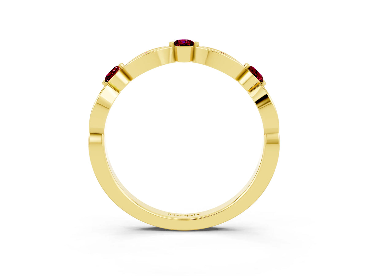 Alternating Marquise and Round Garnet Milgrain Band in Yellow gold with Bezel Setting