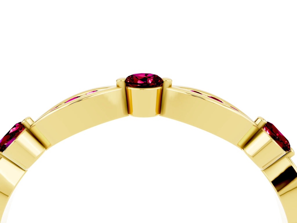 Alternating Marquise and Round Garnet Milgrain Band in Yellow gold with Bezel Setting