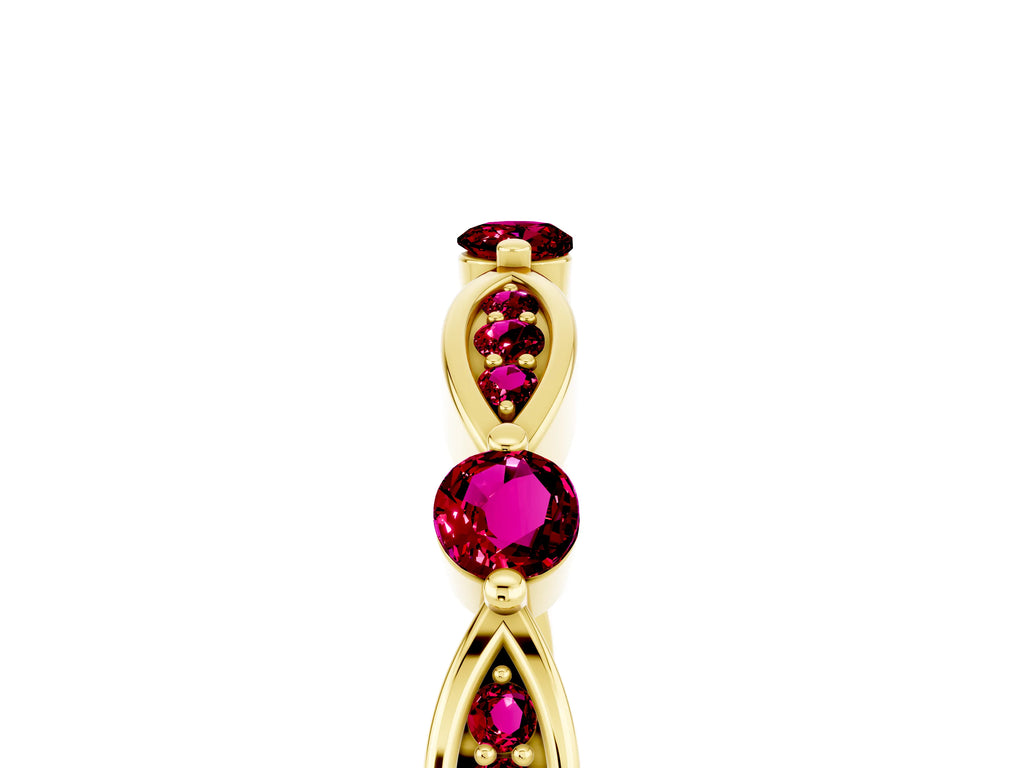 Alternating Marquise and Round Garnet Milgrain Band in Yellow gold with Bezel Setting