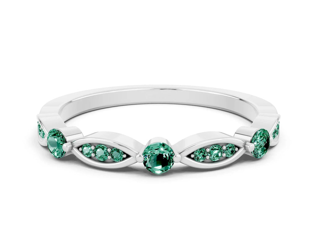 Alternating Marquise and Round Green Sapphire Milgrain Band in Platinum with Bezel Setting 