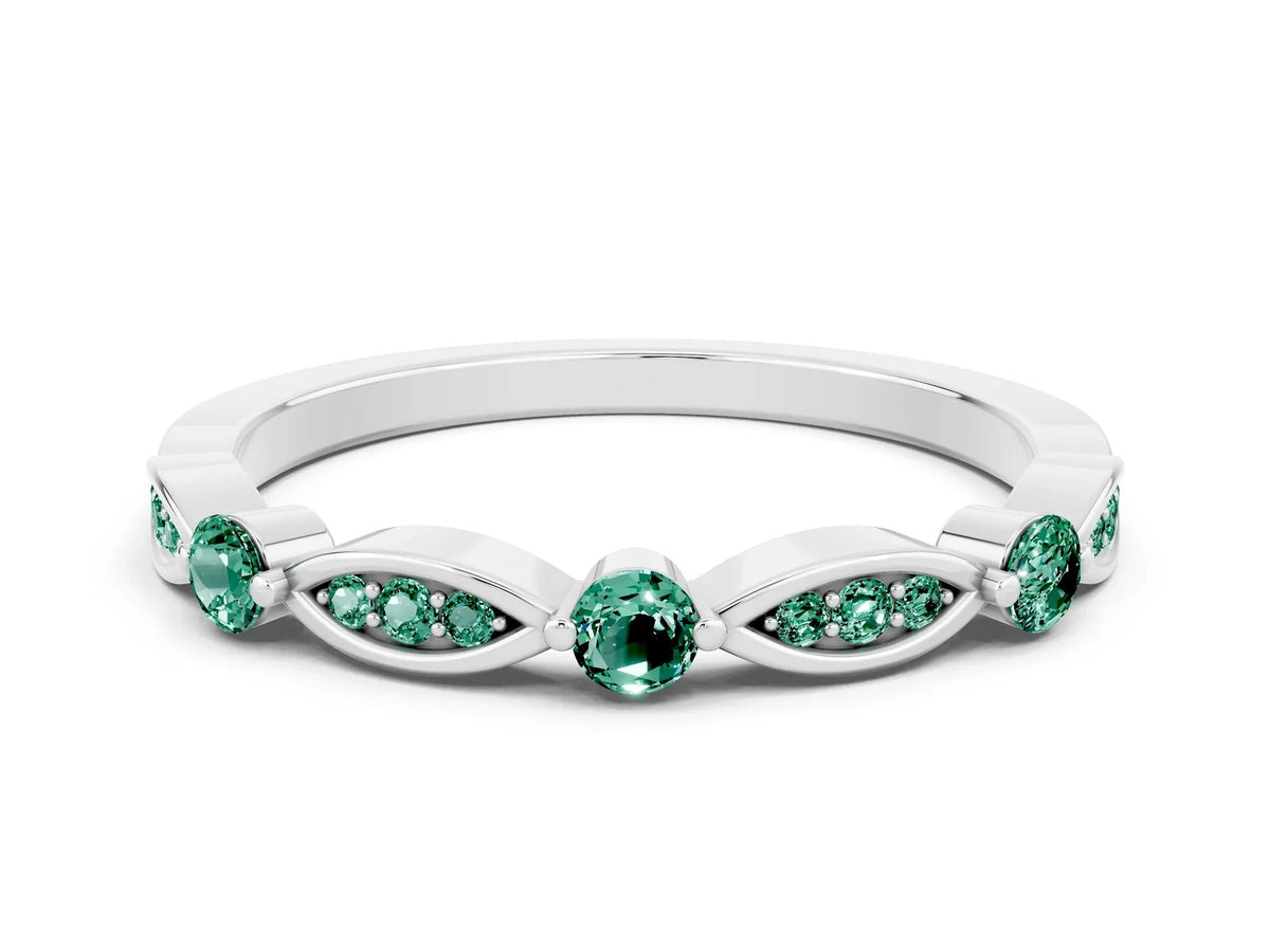 Alternating Marquise and Round Green Sapphire Milgrain Band in Platinum with Bezel Setting 