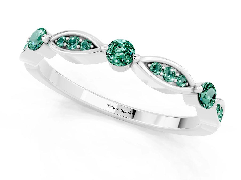 Alternating Marquise and Round Green Sapphire Milgrain Band in Platinum with Bezel Setting