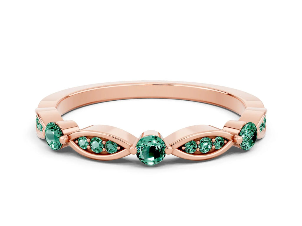 Alternating Marquise and Round Green Sapphire Milgrain Band in Rose gold with Bezel Setting 