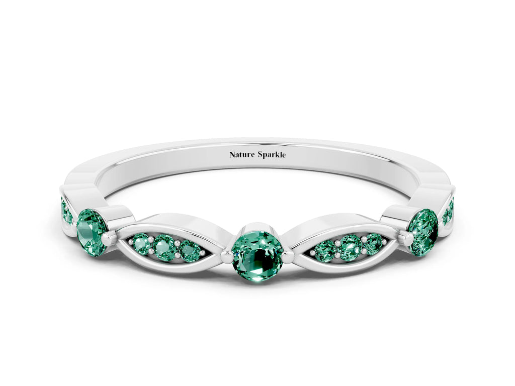 Alternating Marquise and Round Green Sapphire Milgrain Band in White gold with Bezel Setting