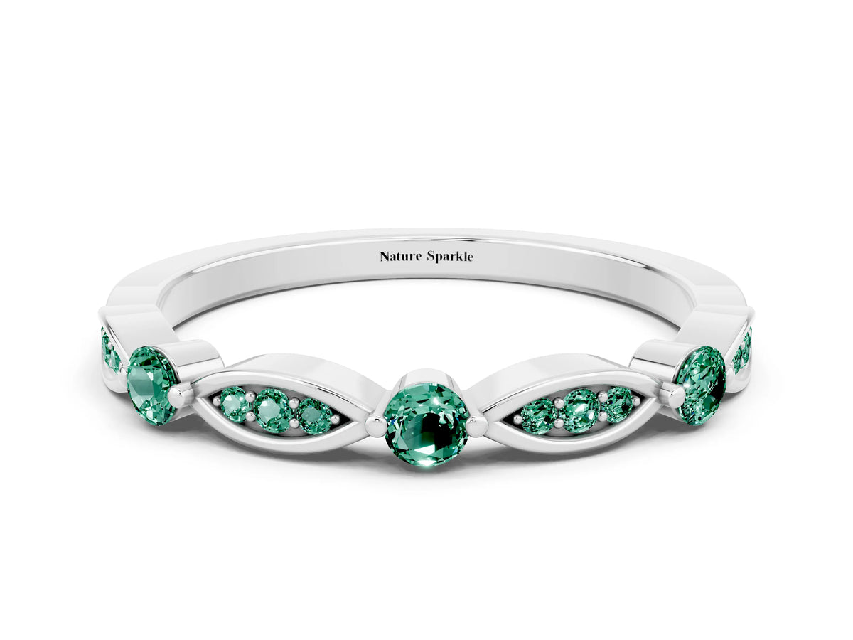 Alternating Marquise and Round Green Sapphire Milgrain Band in White gold with Bezel Setting