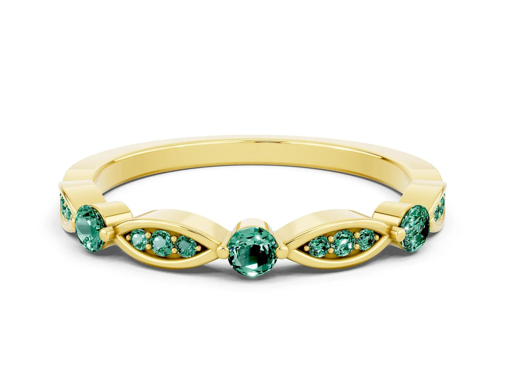 Alternating Marquise and Round Green Sapphire Milgrain Band in Yellow gold with Bezel Setting 