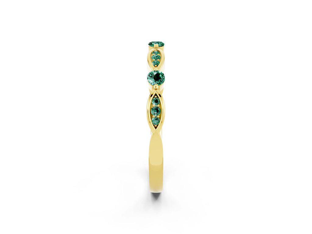 Alternating Marquise and Round Green Sapphire Milgrain Band in Yellow gold with Bezel Setting
