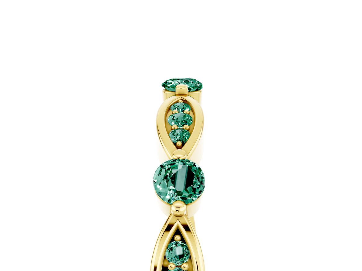 Alternating Marquise and Round Green Sapphire Milgrain Band in Yellow gold with Bezel Setting