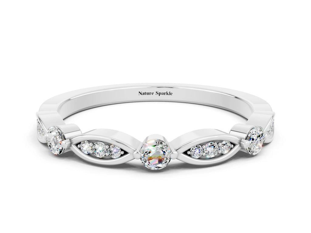 Alternating Marquise and Round Moissanite Milgrain Band in Platinum with Bezel Setting