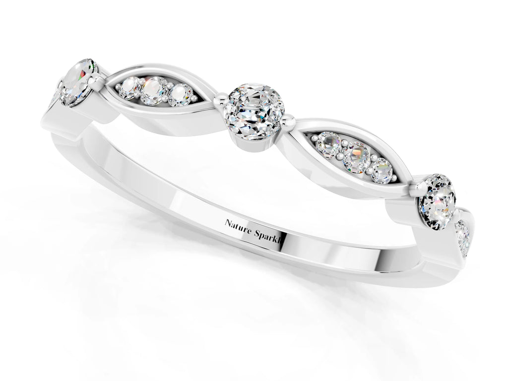 Alternating Marquise and Round Moissanite Milgrain Band in Platinum with Bezel Setting