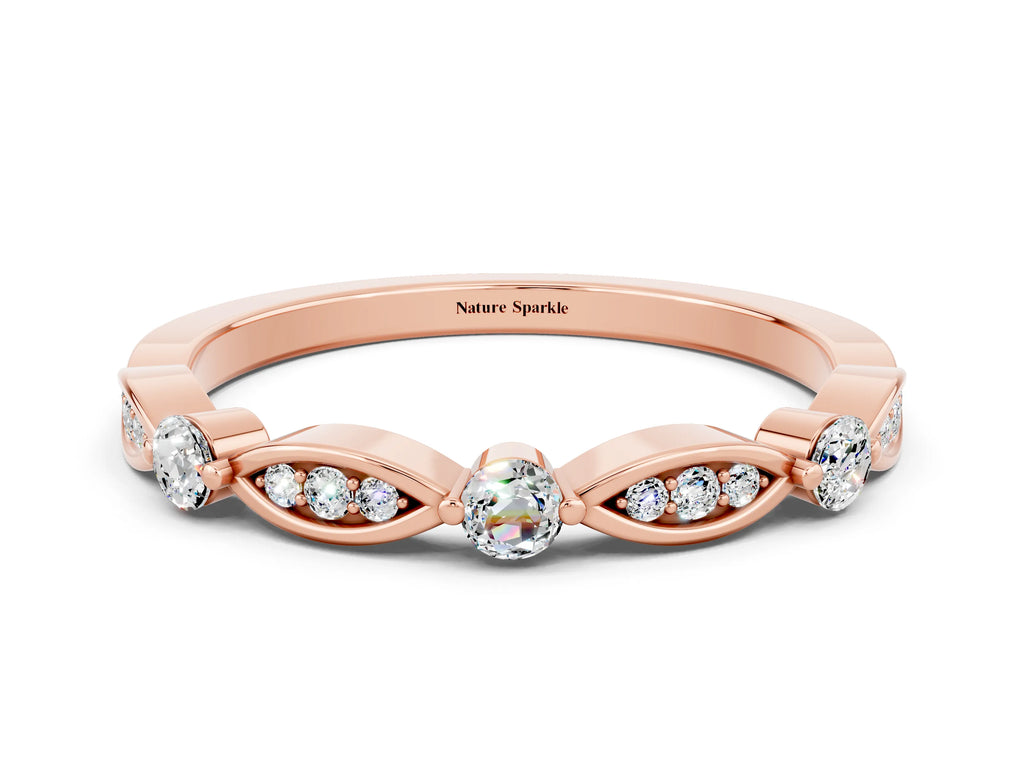 Alternating Marquise and Round Moissanite Milgrain Band in Rose gold with Bezel Setting
