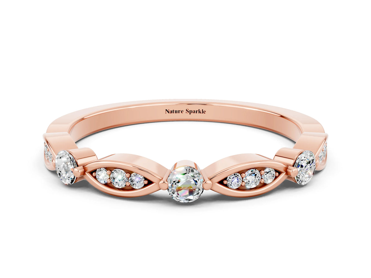 Alternating Marquise and Round Moissanite Milgrain Band in Rose gold with Bezel Setting