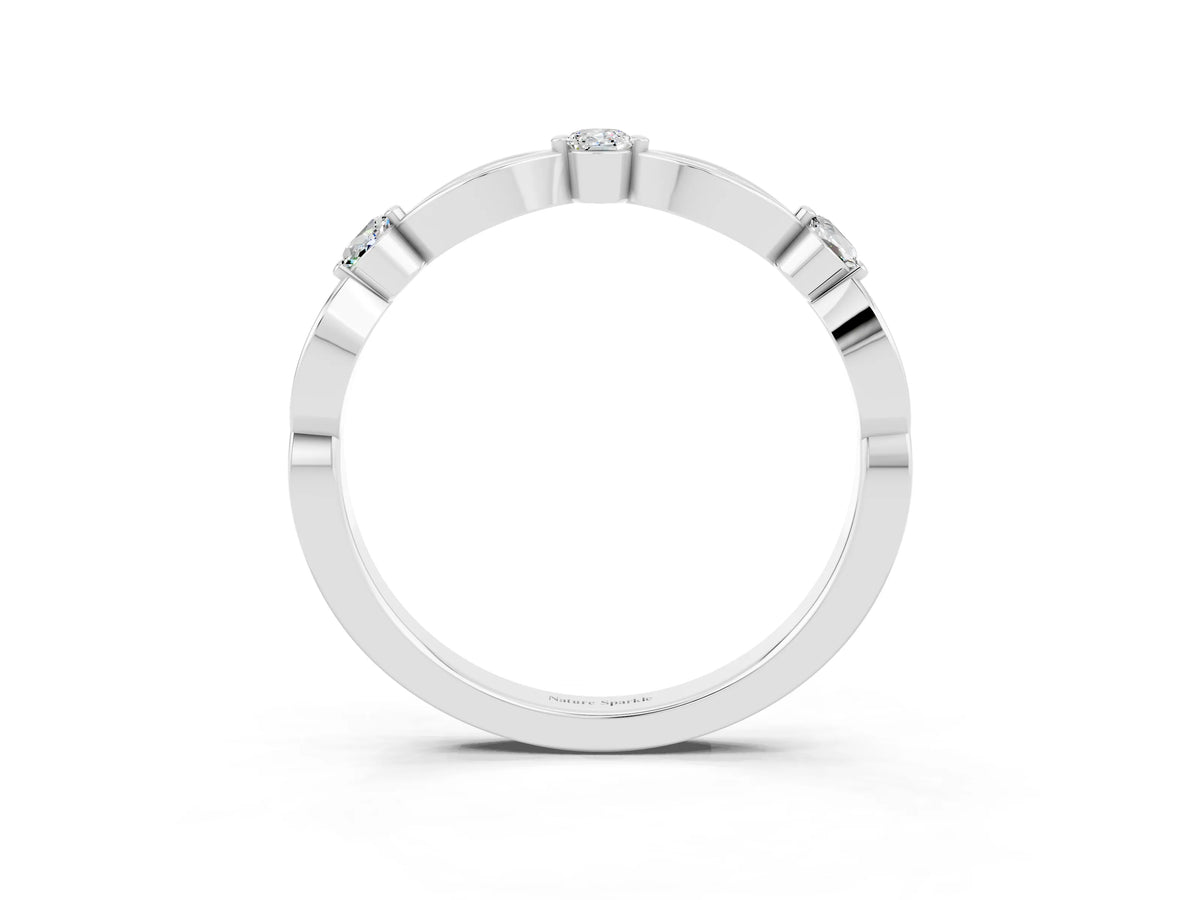 Alternating Marquise and Round Moissanite Milgrain Band in White gold with Bezel Setting