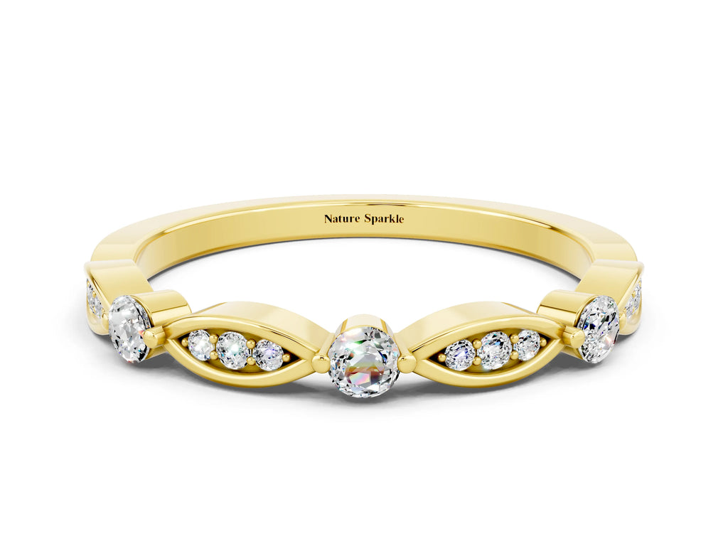 Alternating Marquise and Round Moissanite Milgrain Band in Yellow gold with Bezel Setting