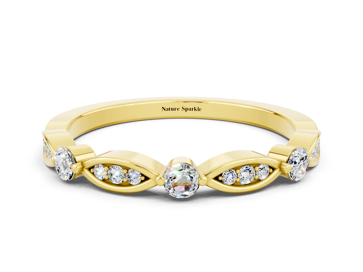 Alternating Marquise and Round Moissanite Milgrain Band in Yellow gold with Bezel Setting