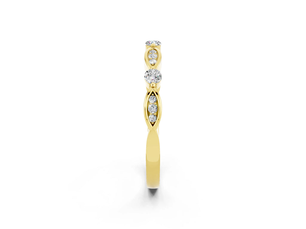 Alternating Marquise and Round Moissanite Milgrain Band in Yellow gold with Bezel Setting