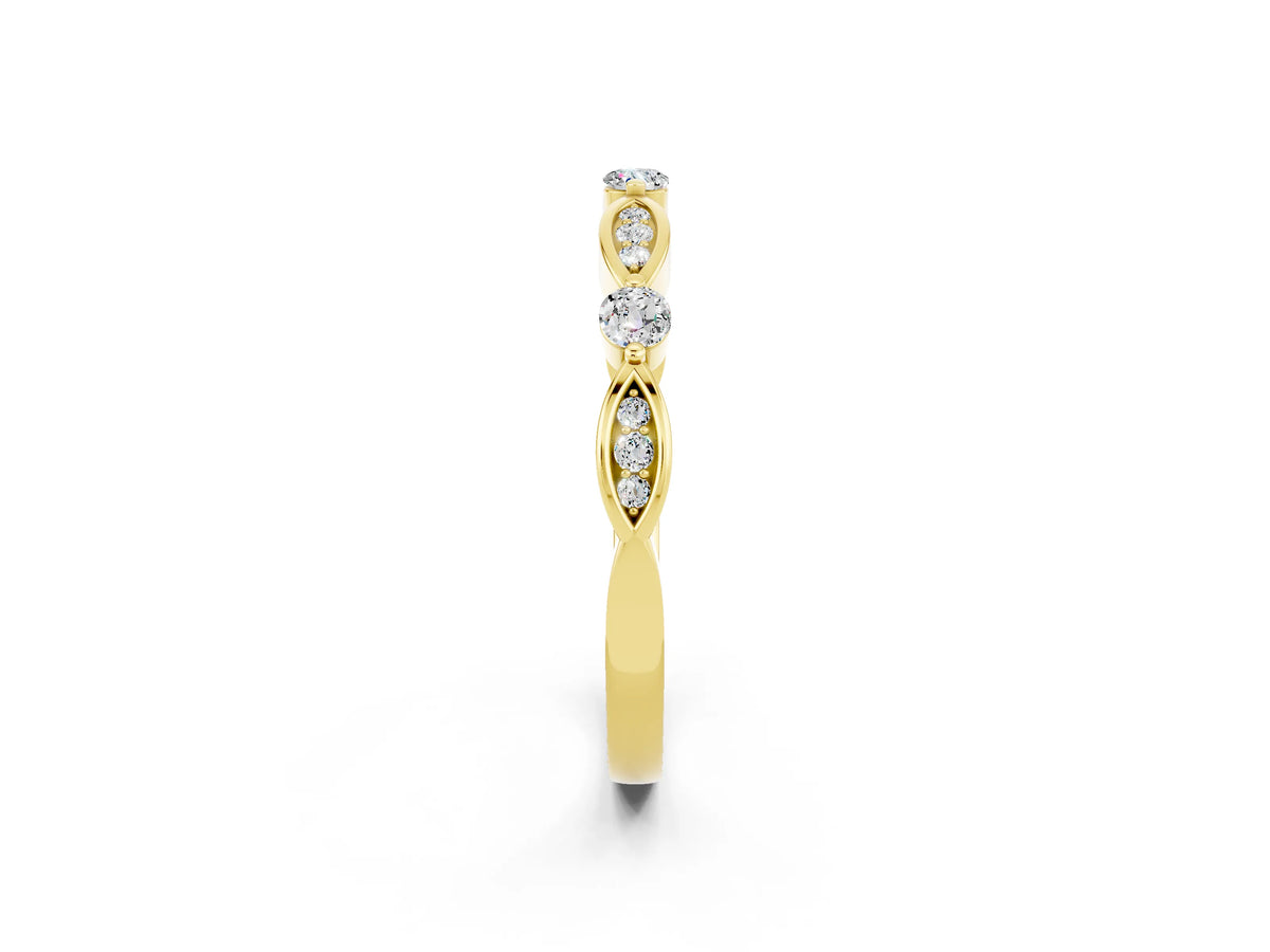 Alternating Marquise and Round Moissanite Milgrain Band in Yellow gold with Bezel Setting