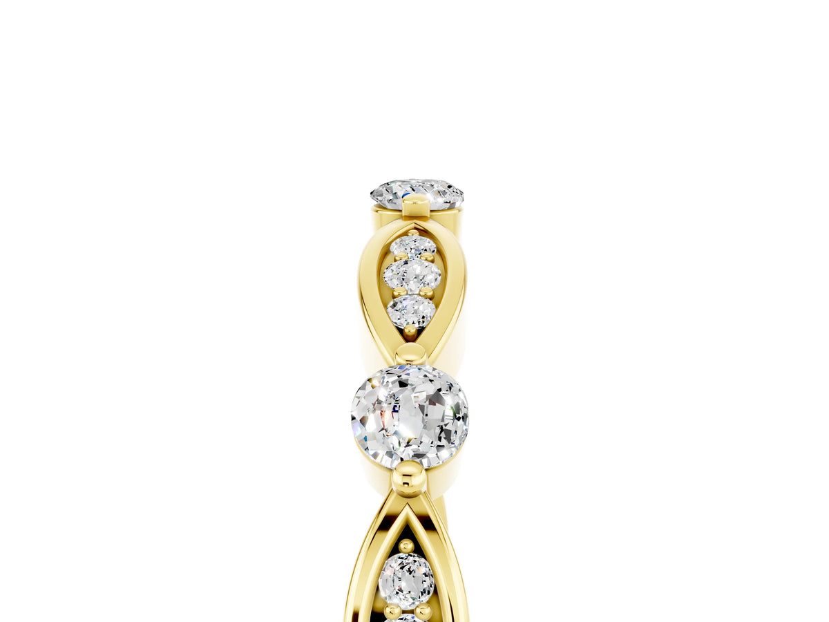 Alternating Marquise and Round Moissanite Milgrain Band in Yellow gold with Bezel Setting