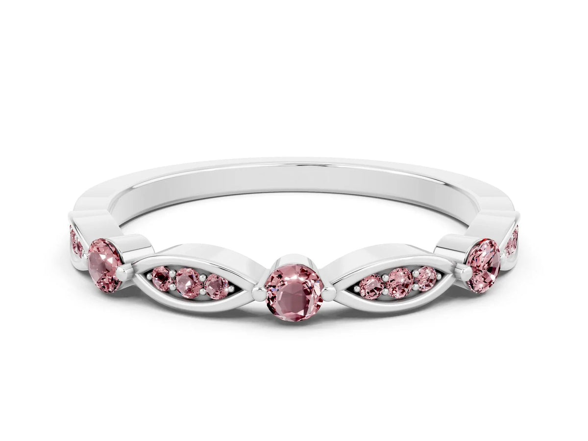 Alternating Marquise and Round Morganite Milgrain Band in Platinum with Bezel Setting 