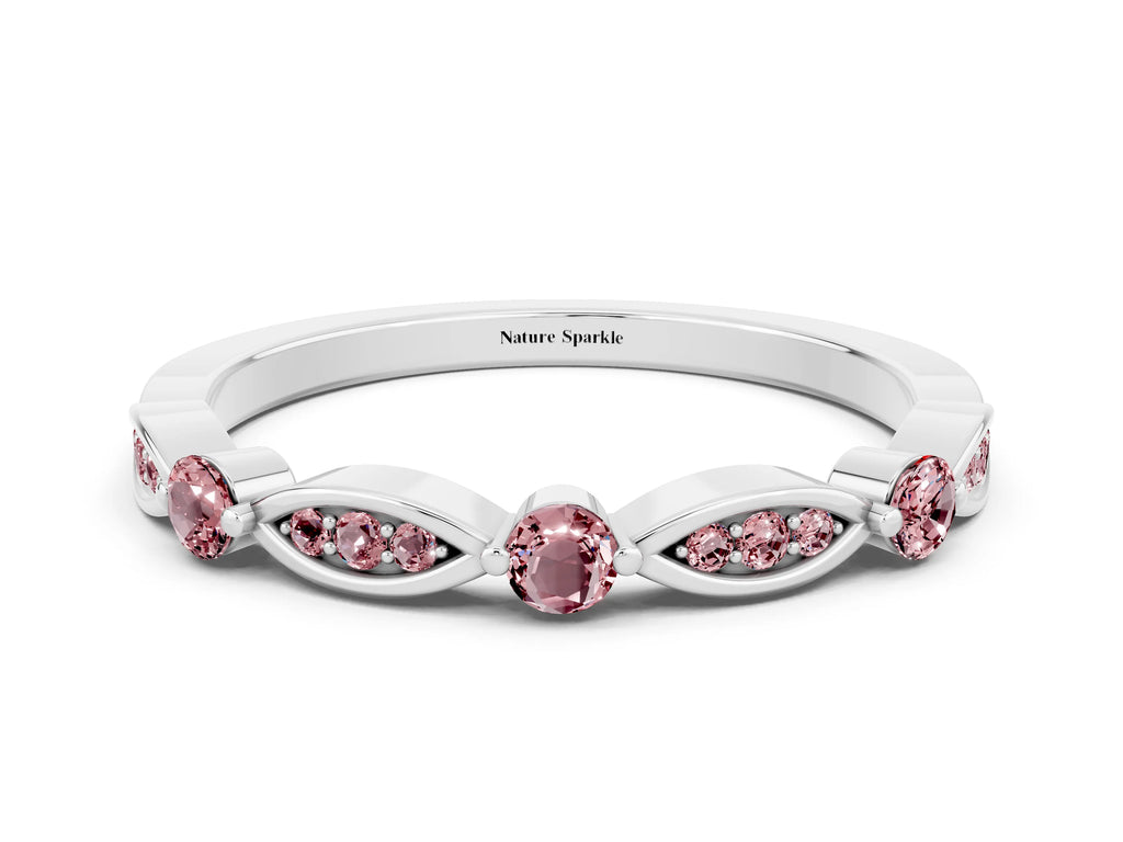 Alternating Marquise and Round Morganite Milgrain Band in Platinum with Bezel Setting