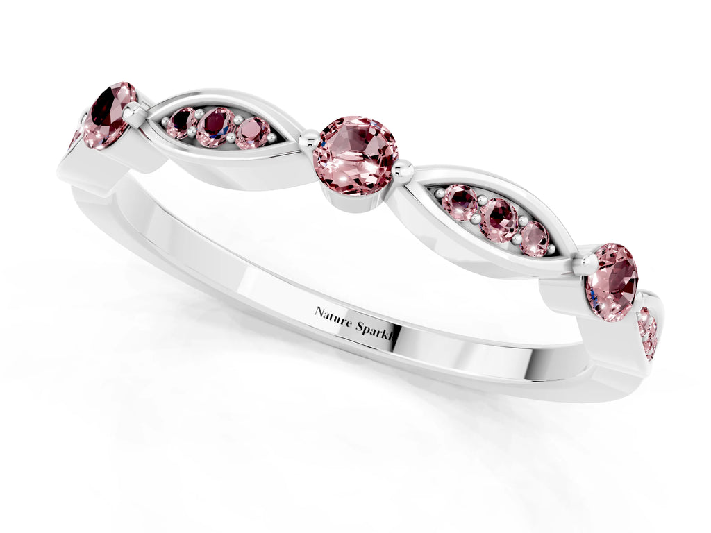 Alternating Marquise and Round Morganite Milgrain Band in Platinum with Bezel Setting
