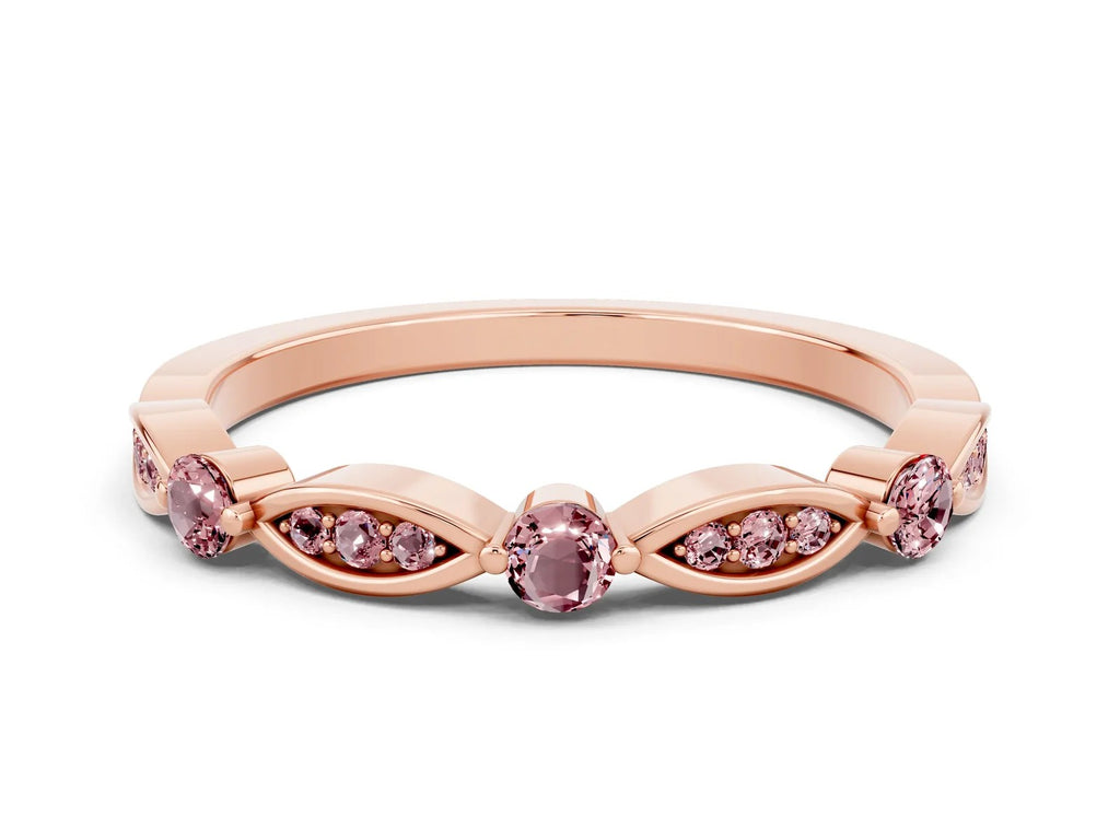 Alternating Marquise and Round Morganite Milgrain Band in Rose gold with Bezel Setting 