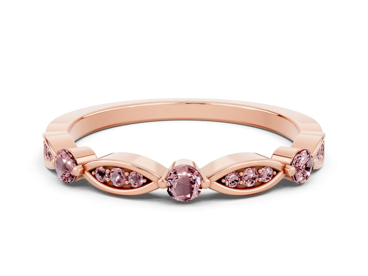 Alternating Marquise and Round Morganite Milgrain Band in Rose gold with Bezel Setting 