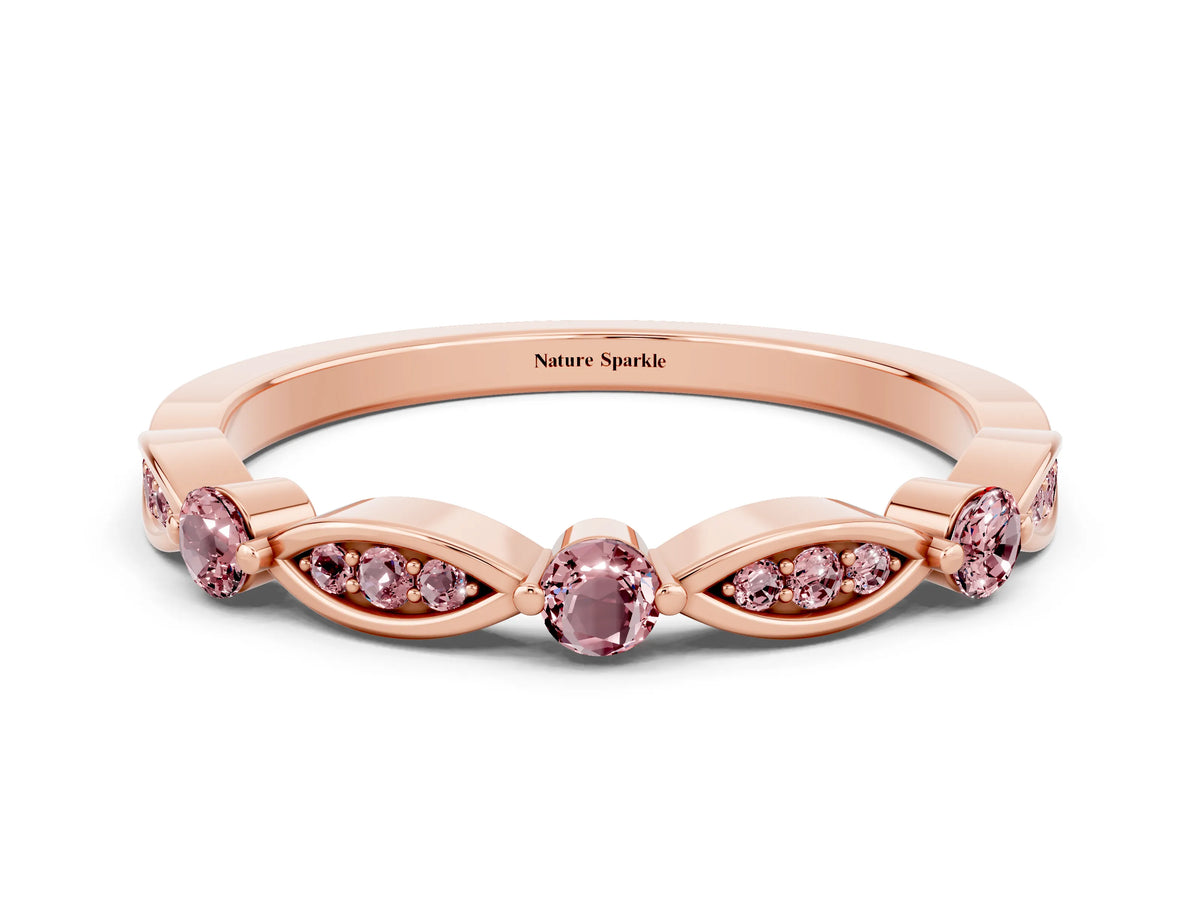 Alternating Marquise and Round Morganite Milgrain Band in Rose gold with Bezel Setting