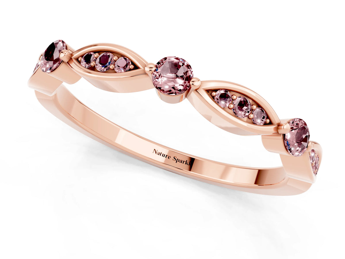 Alternating Marquise and Round Morganite Milgrain Band in Rose gold with Bezel Setting