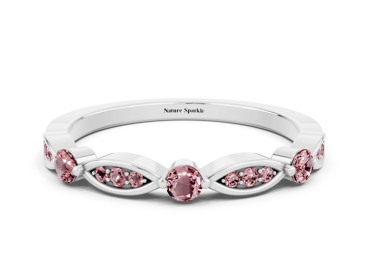 Alternating Marquise and Round Morganite Milgrain Band in Silver with Bezel Setting