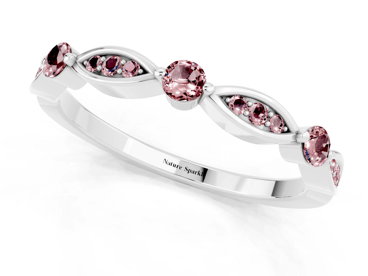 Alternating Marquise and Round Morganite Milgrain Band in Silver with Bezel Setting