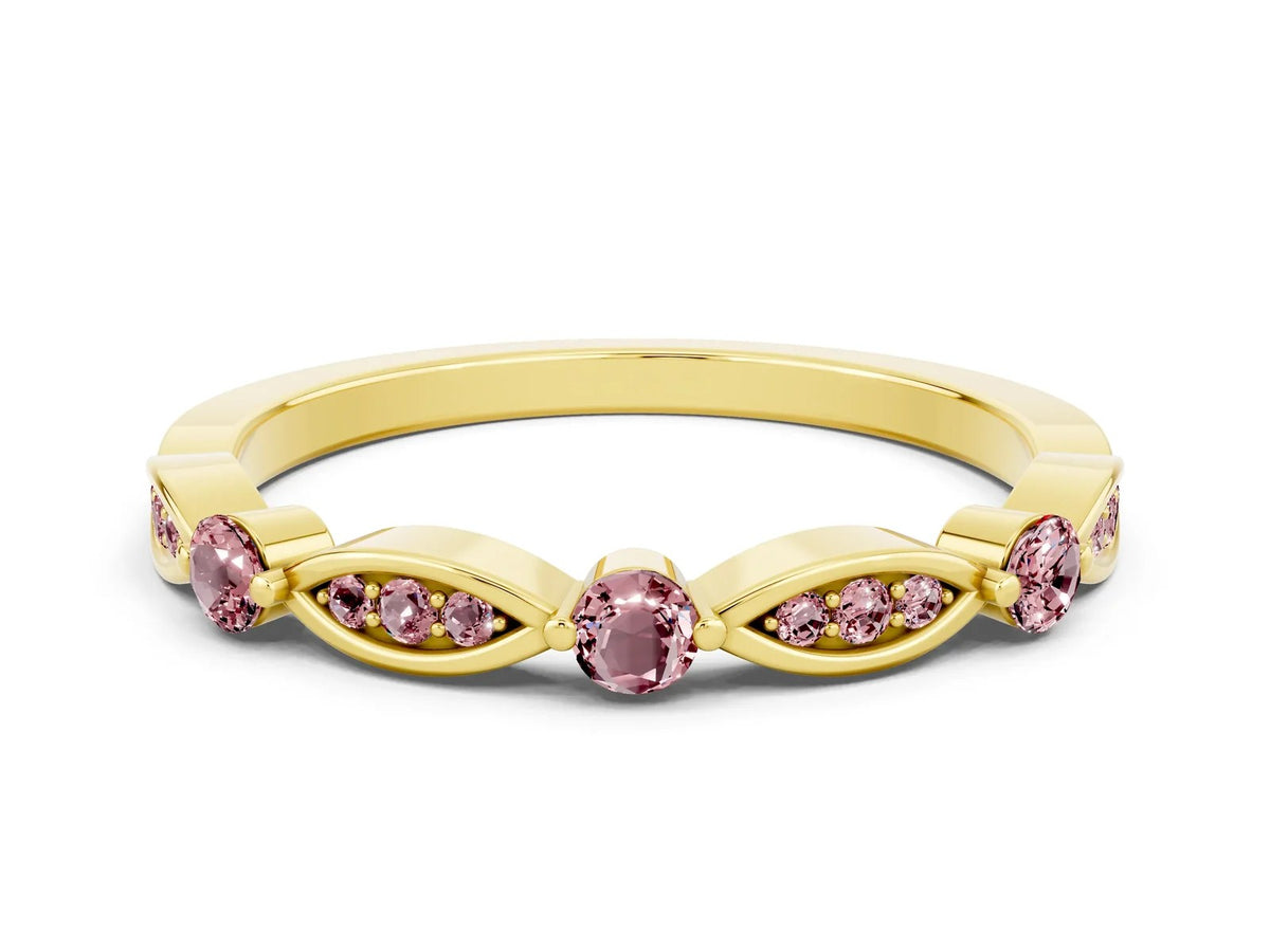 Alternating Marquise and Round Morganite Milgrain Band in Yellow gold with Bezel Setting 