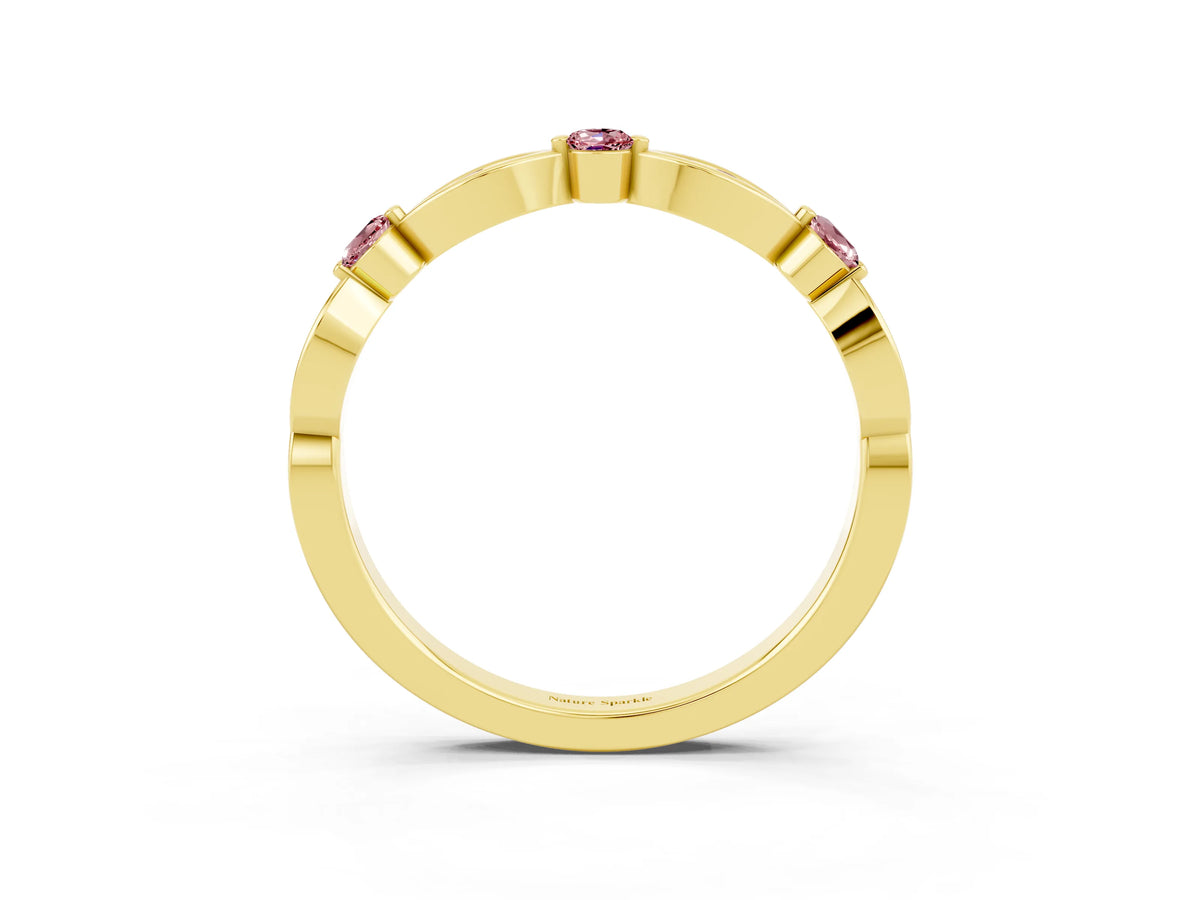 Alternating Marquise and Round Morganite Milgrain Band in Yellow gold with Bezel Setting
