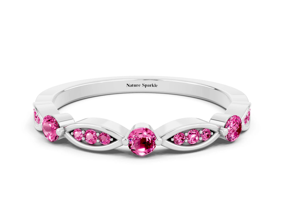 Alternating Marquise and Round Pink Sapphire Milgrain Band in Platinum with Bezel Setting