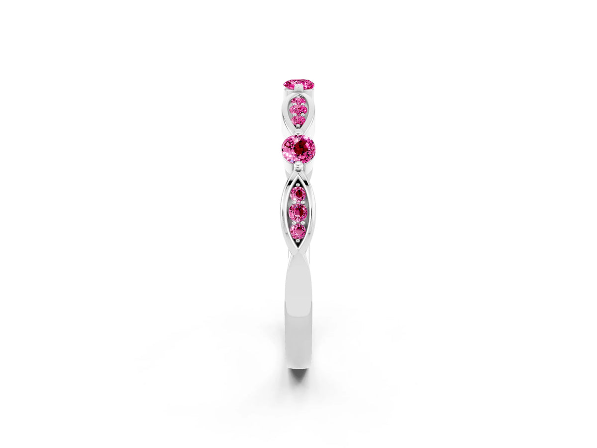 Alternating Marquise and Round Pink Sapphire Milgrain Band in Platinum with Bezel Setting