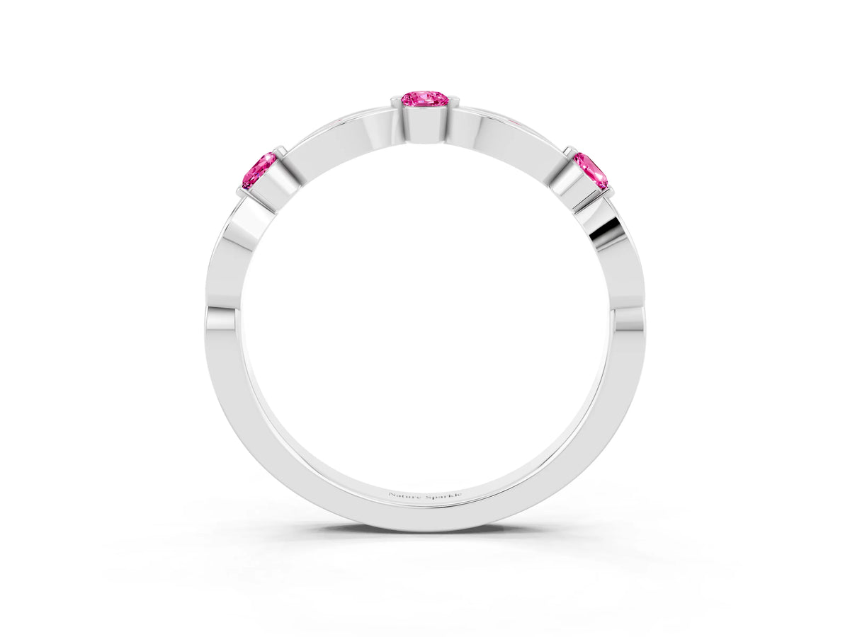 Alternating Marquise and Round Pink Sapphire Milgrain Band in Platinum with Bezel Setting