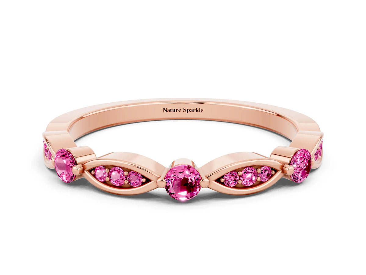 Alternating Marquise and Round Pink Sapphire Milgrain Band in Rose gold with Bezel Setting