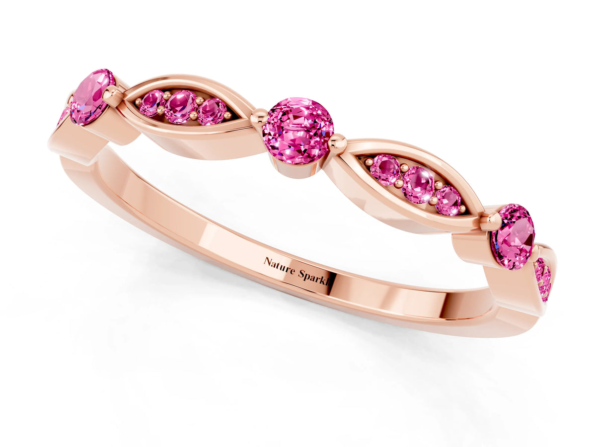 Alternating Marquise and Round Pink Sapphire Milgrain Band in Rose gold with Bezel Setting