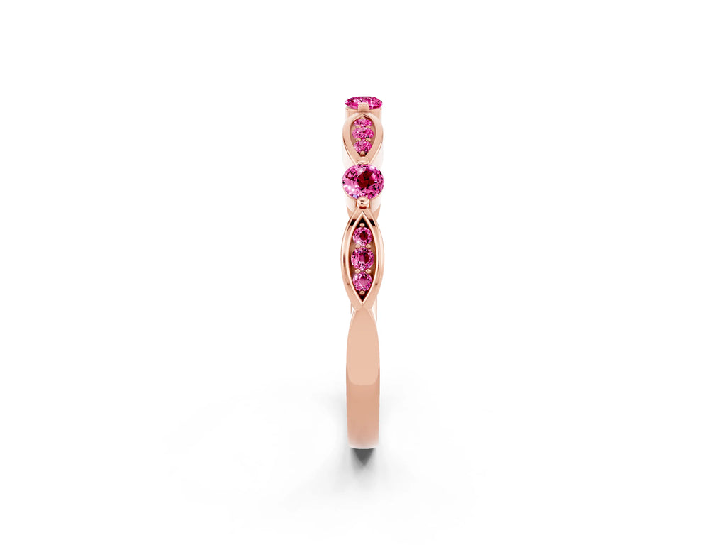 Alternating Marquise and Round Pink Sapphire Milgrain Band in Rose gold with Bezel Setting