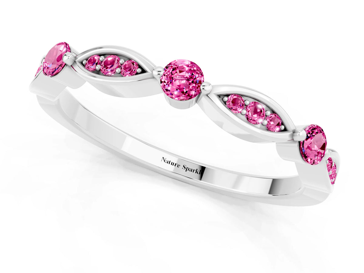 Alternating Marquise and Round Pink Sapphire Milgrain Band in Silver with Bezel Setting