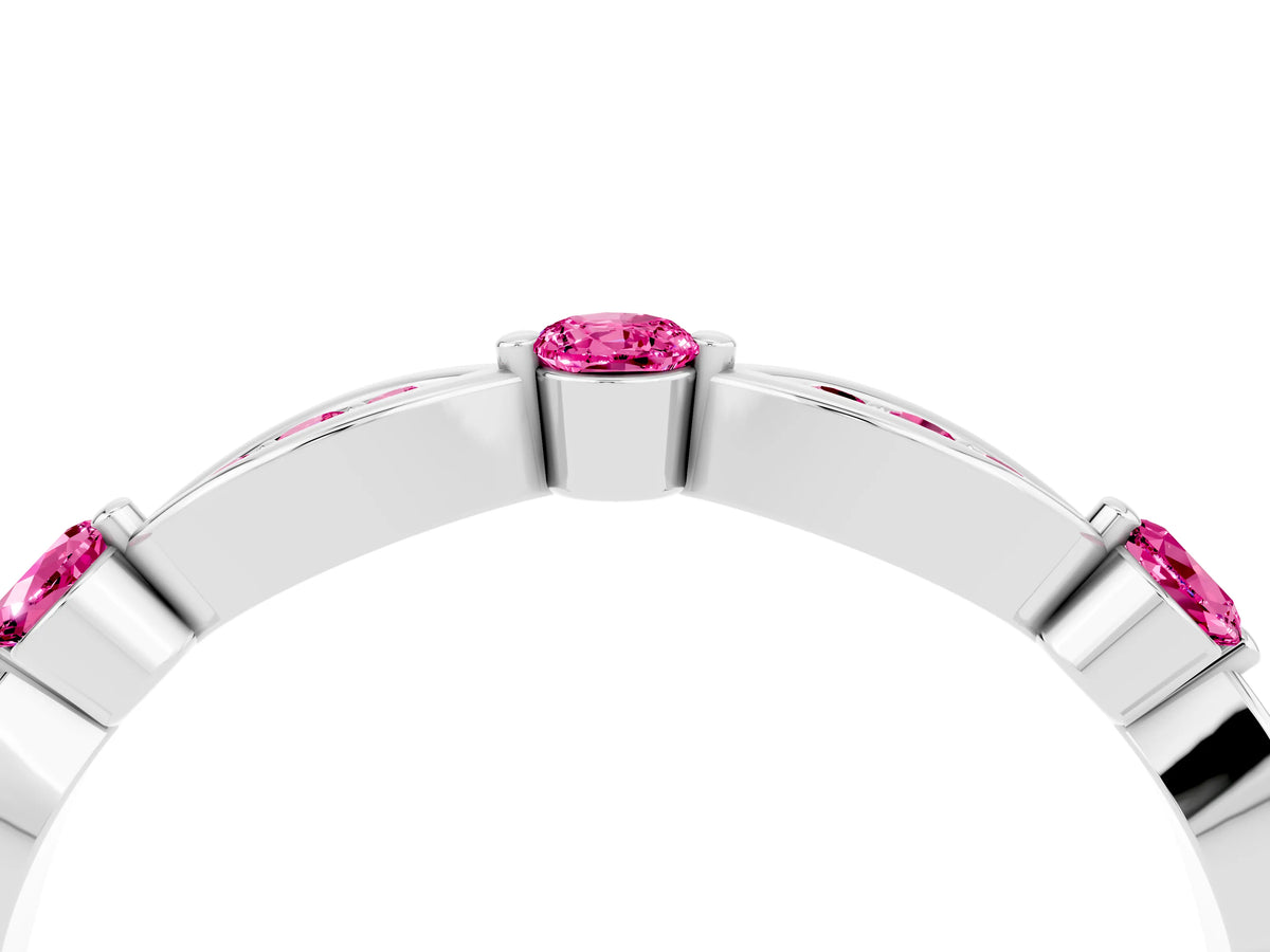 Alternating Marquise and Round Pink Sapphire Milgrain Band in Silver with Bezel Setting