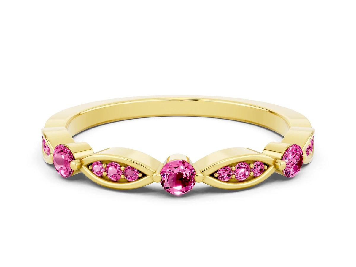 Alternating Marquise and Round Pink Sapphire Milgrain Band in Yellow gold with Bezel Setting 