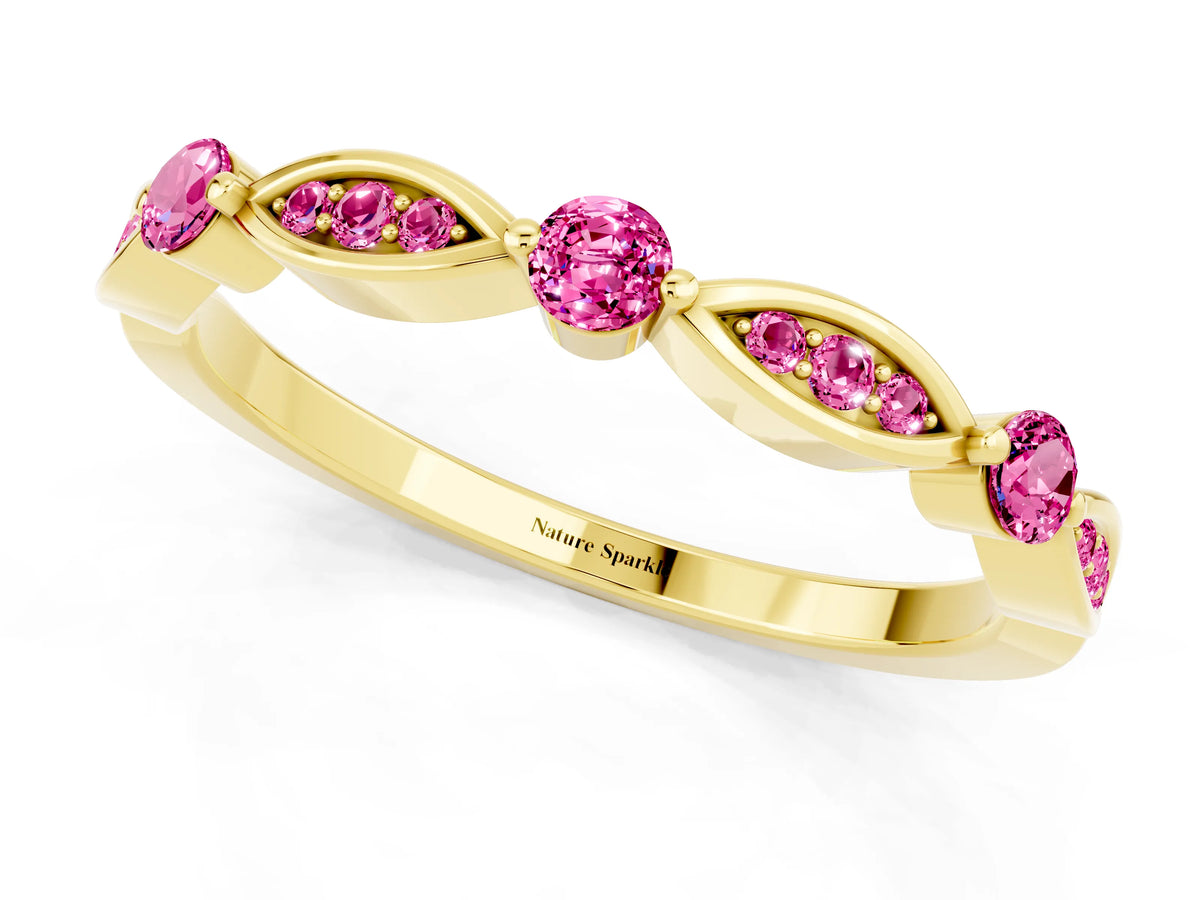 Alternating Marquise and Round Pink Sapphire Milgrain Band in Yellow gold with Bezel Setting
