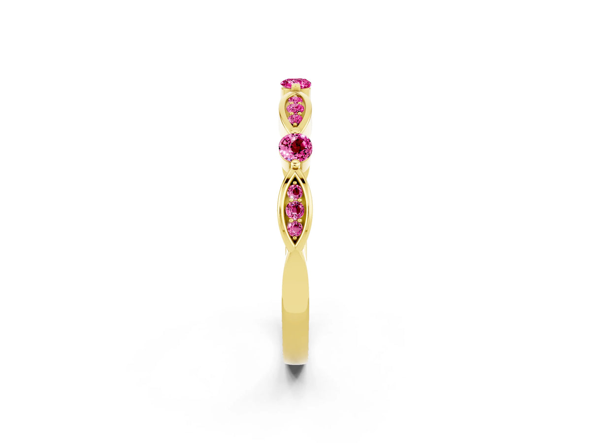 Alternating Marquise and Round Pink Sapphire Milgrain Band in Yellow gold with Bezel Setting