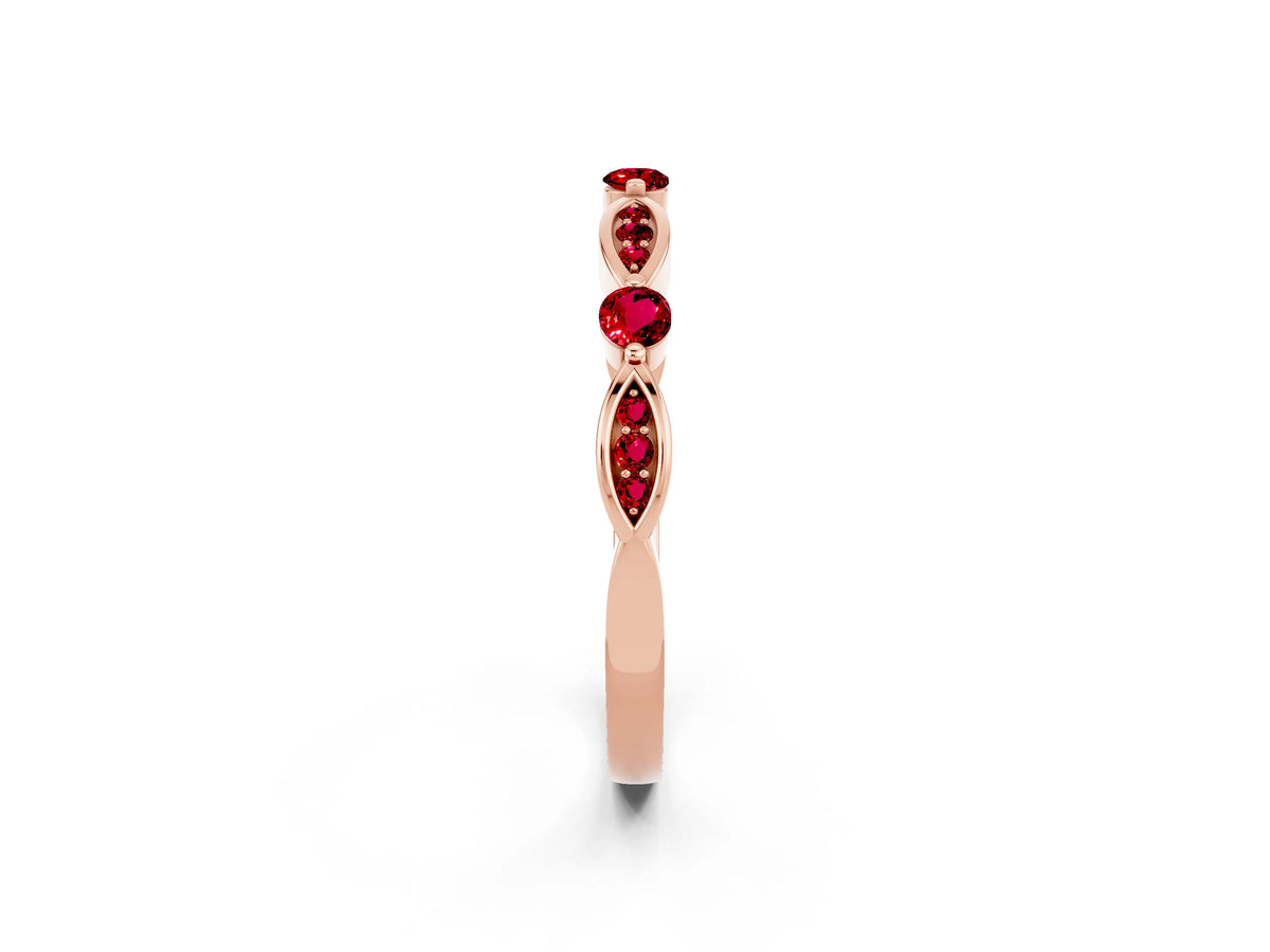Alternating Marquise and Round Ruby Milgrain Band in Rose gold with Bezel Setting
