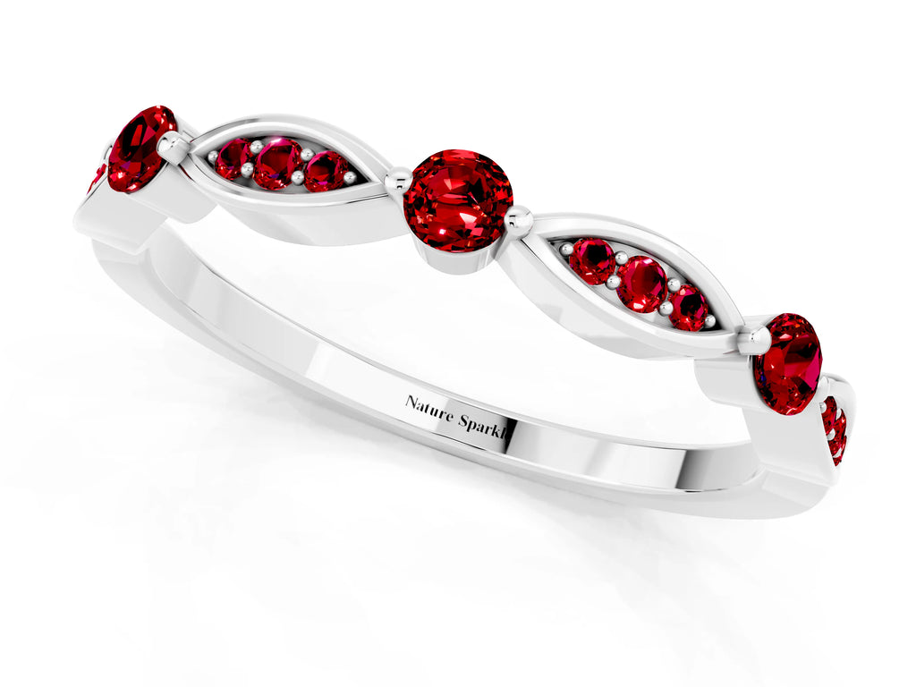 Alternating Marquise and Round Ruby Milgrain Band in Silver with Bezel Setting