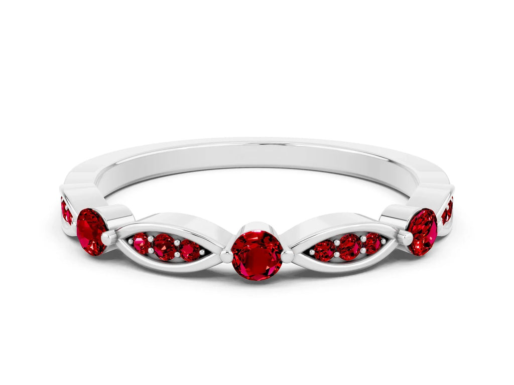 Alternating Marquise and Round Ruby Milgrain Band in White gold with Bezel Setting 