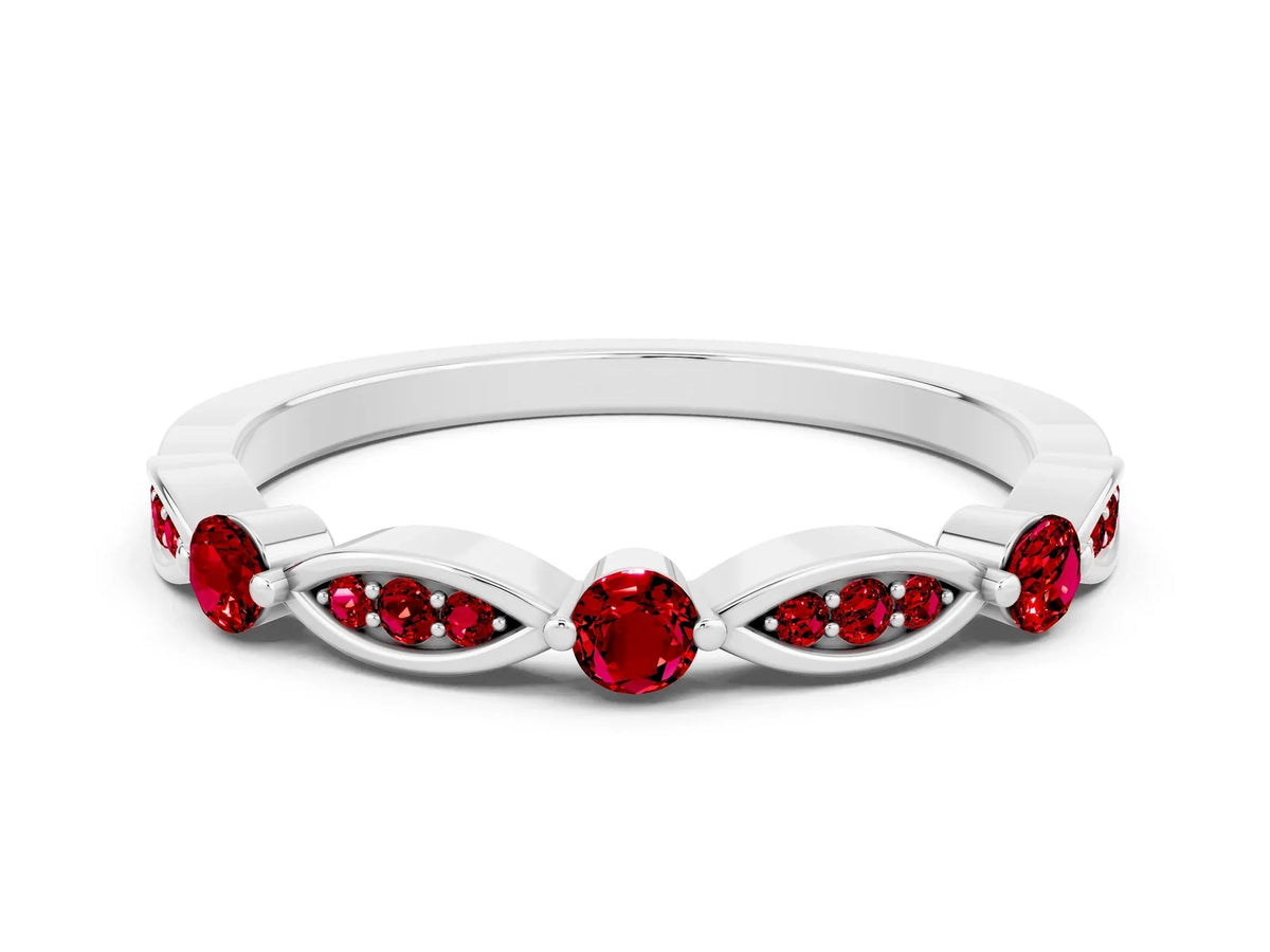 Alternating Marquise and Round Ruby Milgrain Band in White gold with Bezel Setting 