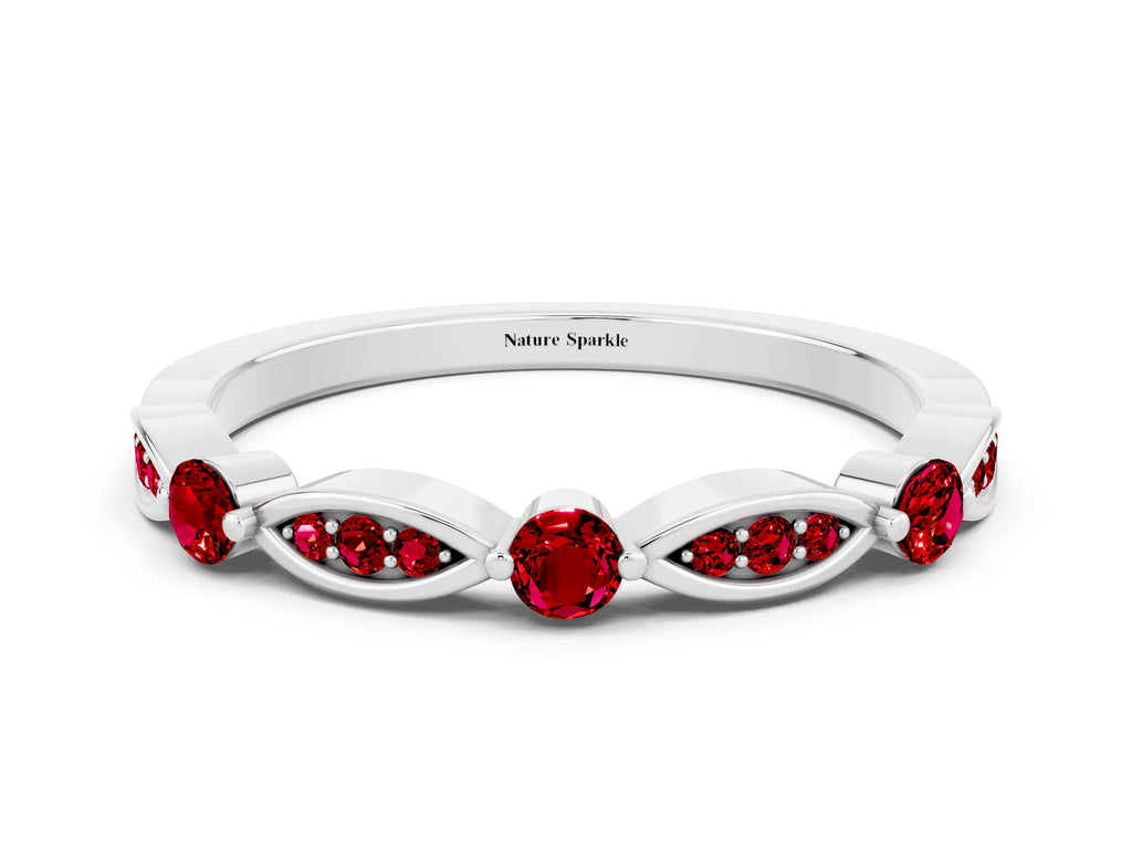 Alternating Marquise and Round Ruby Milgrain Band in White gold with Bezel Setting