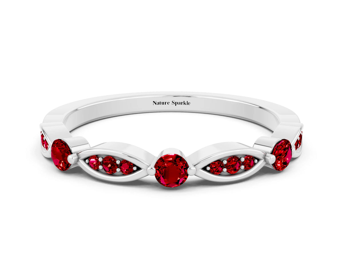 Alternating Marquise and Round Ruby Milgrain Band in White gold with Bezel Setting